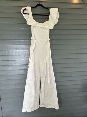 Flying Tomato Cream Ruffle-Strap Wide-Leg Jumpsuit